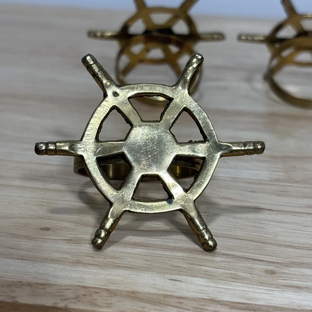 6 Brass Metal Ship Wheel Napkin Rings Nautical Decorative Table Decor Gold Tone